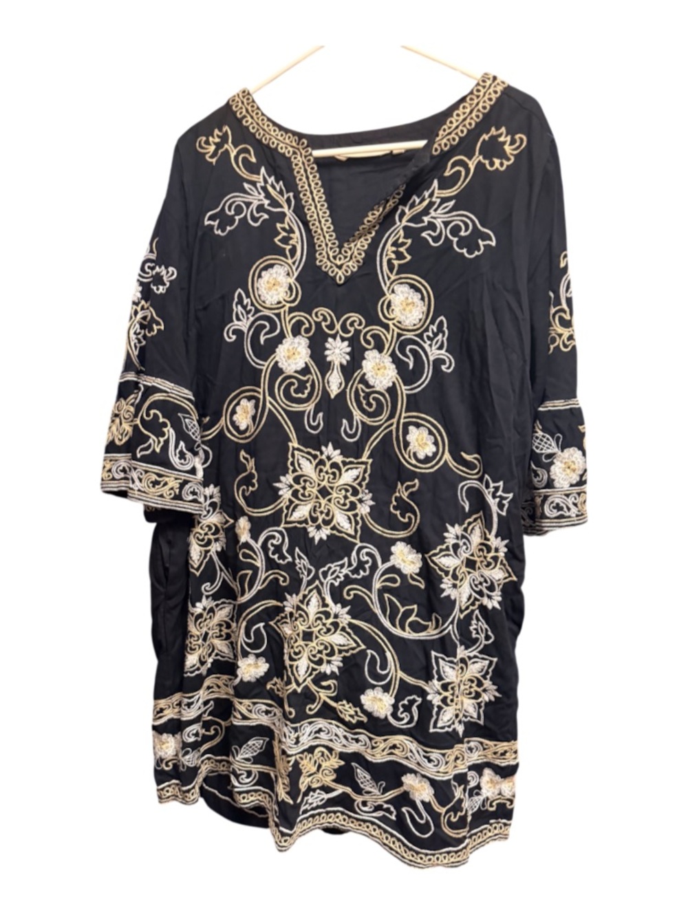 Soft Surroundings Black Midi Dress with Cream & Gold Embroidery